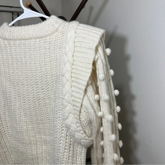 Farm Rio Braided Sweater S Pom Pom Off White wool blend - Picture 8 of 14